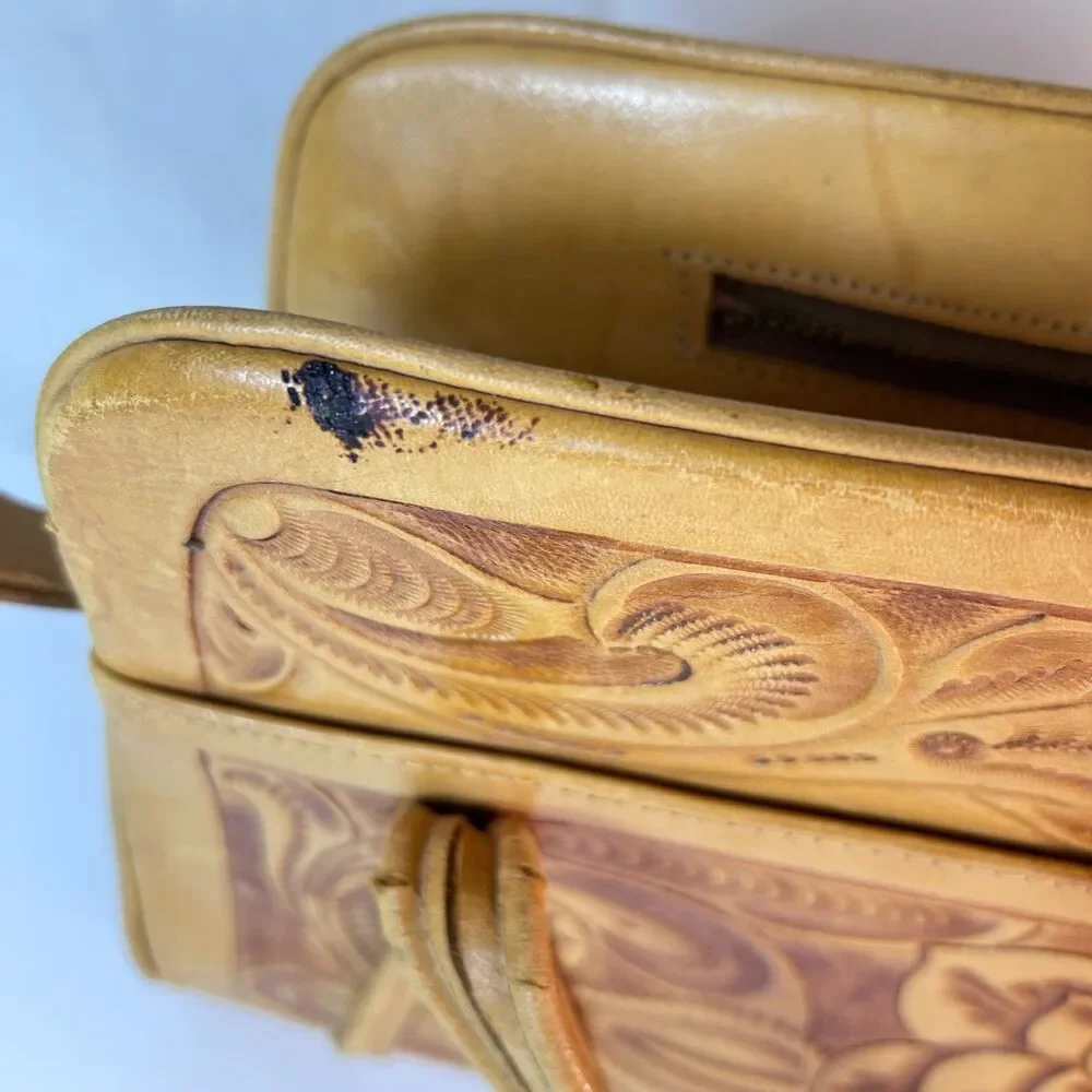 Mexican Tan Leather Rose Detail Tooled Vintage 50-60s Satchel Handbag